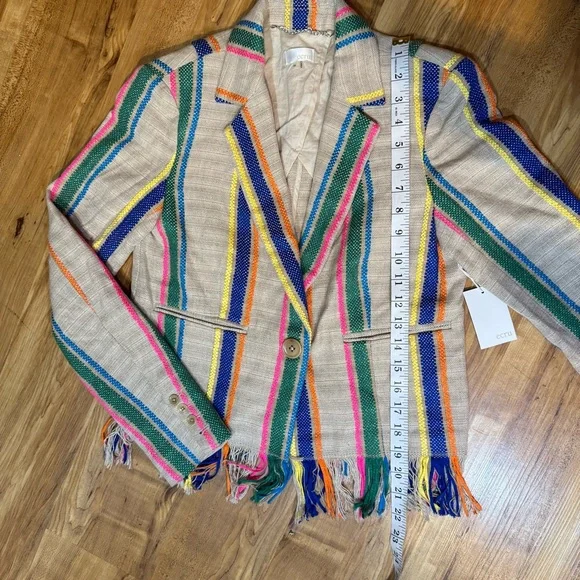Ecru Striped Linen Fringe Bohemian Blazer Size XS New With Tags - Picture 5 of 9